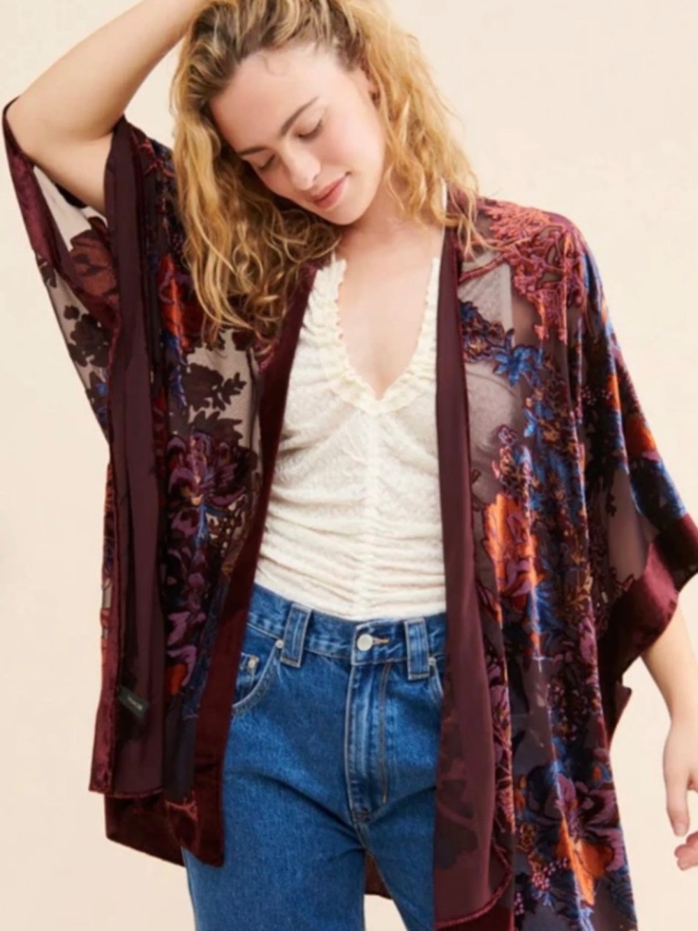 Burgundy velvet Kimono, teal, orange, Velvet kimono,